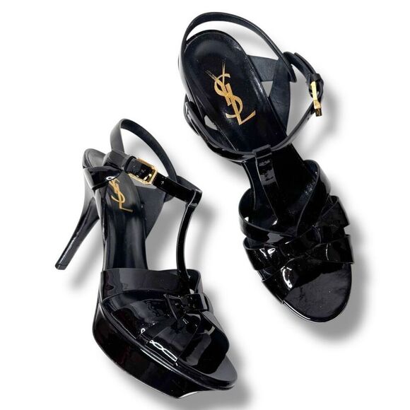Saint Laurent Tribute Black Patent Leather Platform High Heel Sandals Size 37.5 - Picture 3 of 13